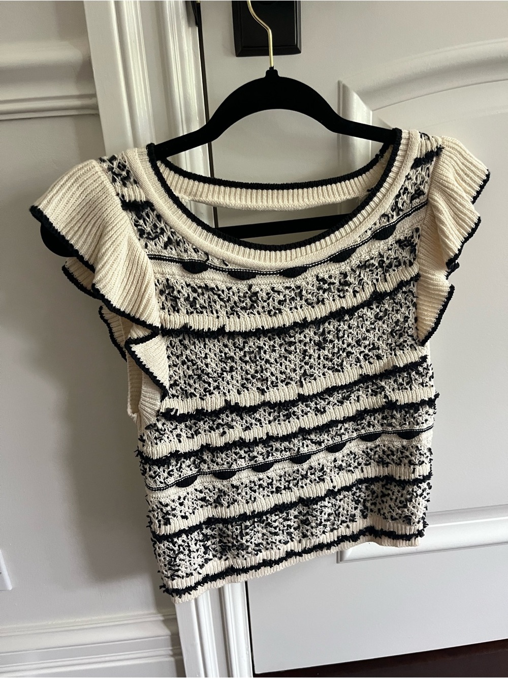 Anthropologie Cream and Black Open Crochet Knit Top